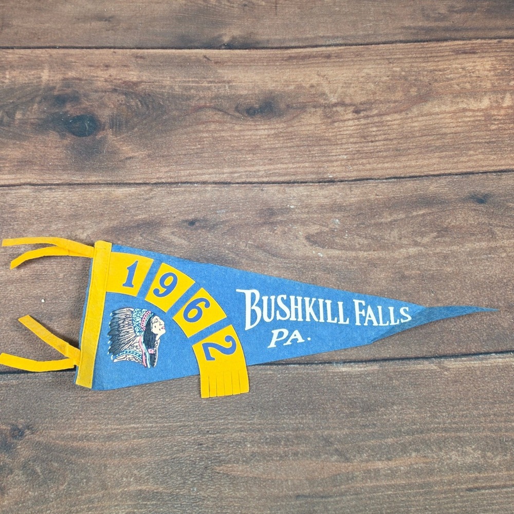 Vintage Bushkill Falls PA Felt Pennant 1962 Souvenir Blue Yellow 17" Good Fringe
